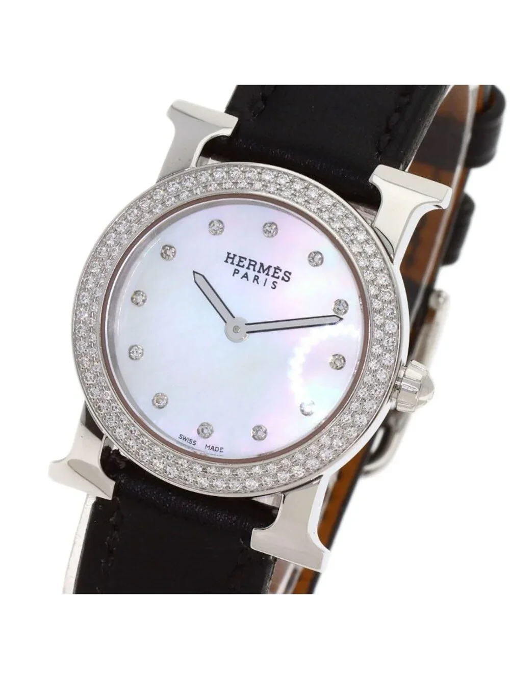 Hermes H Watch Ronde Bezel Diamond SS Leather
